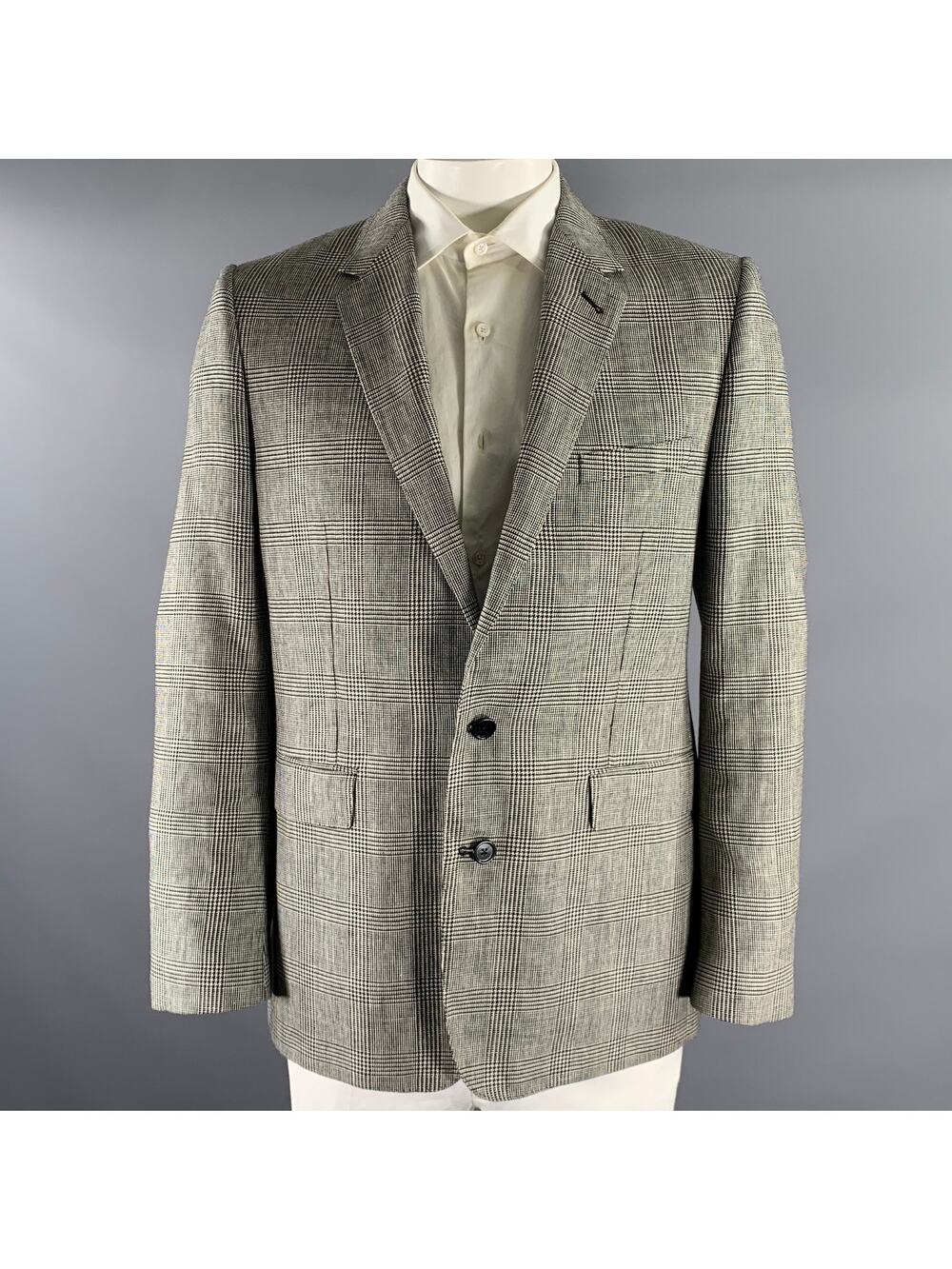 CELINE Size 44 Grey Black Glen Check Wool Linen Notch Lapel Sport Coat